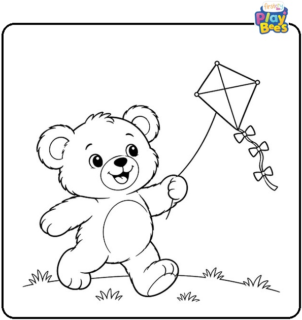 Teddy Bear Enjoying a Kite Day Coloring Page