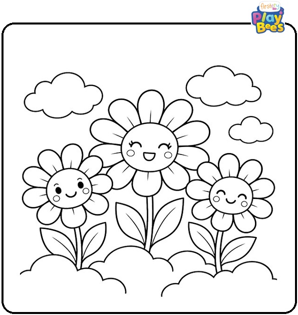 Three-Cute-Daisies-Among-the-Clouds-Coloring-Page Three-Cute-Daisies-Among-the-Clouds-Coloring-Page