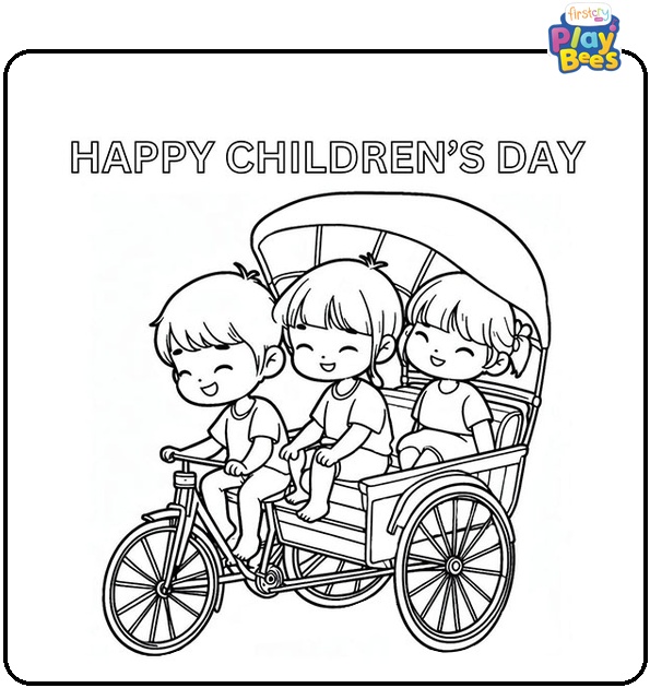 Three-Happy-Children-Sitting-in-a-Rickshaw-Coloring-Page Three-Happy-Children-Sitting-in-a-Rickshaw-Coloring-Page