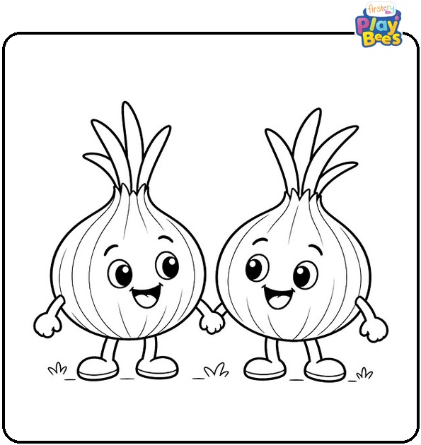 Two Happy Cartoon Onions Holding Hands Coloring Page Two Happy Cartoon Onions Holding Hands Coloring Page