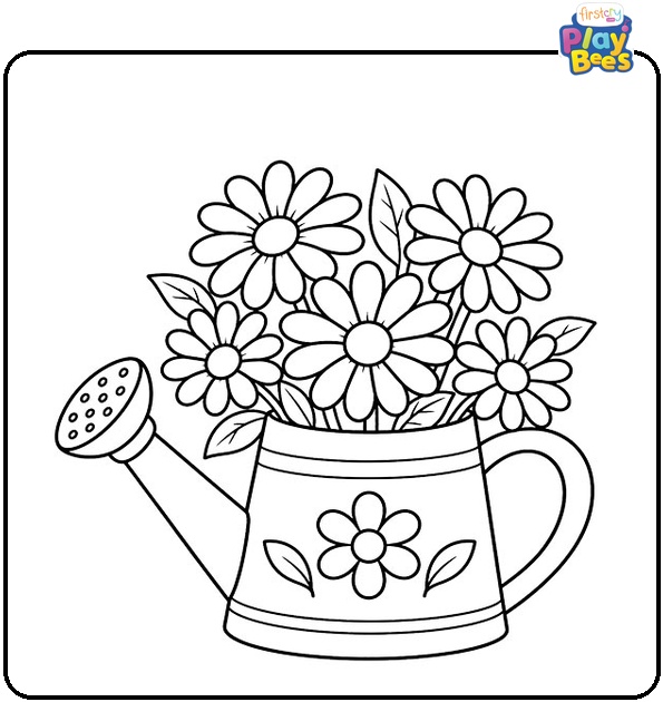 Watering-Can-with-Blooming-Daisies-Coloring-Page Watering-Can-with-Blooming-Daisies-Coloring-Page