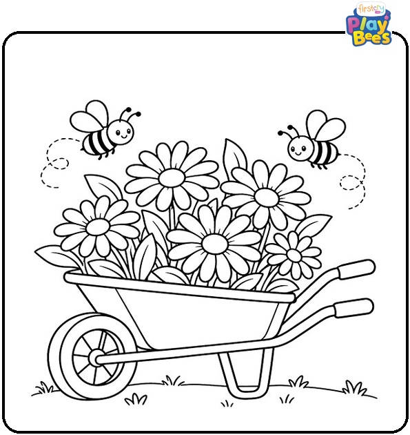 Wheelbarrow-Filled-with-Blooming-Daisies-and-Bees-Coloring-Page Wheelbarrow-Filled-with-Blooming-Daisies-and-Bees-Coloring-Page