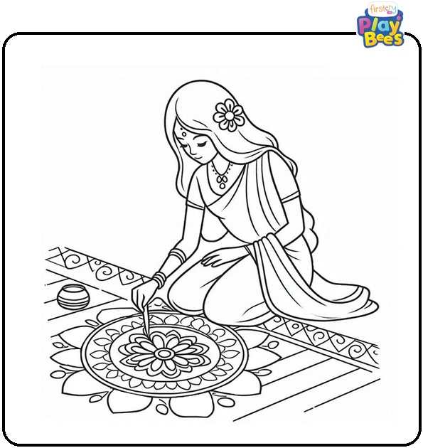 Woman Making Rangoli Diwali Coloring Page
