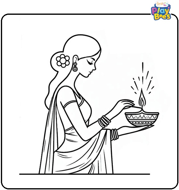 Women Lighting Lamps for Diwali Festival Coloring Page