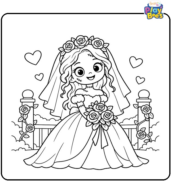 Zombie Bride with Roses Coloring Page Zombie Bride with Roses Coloring Page