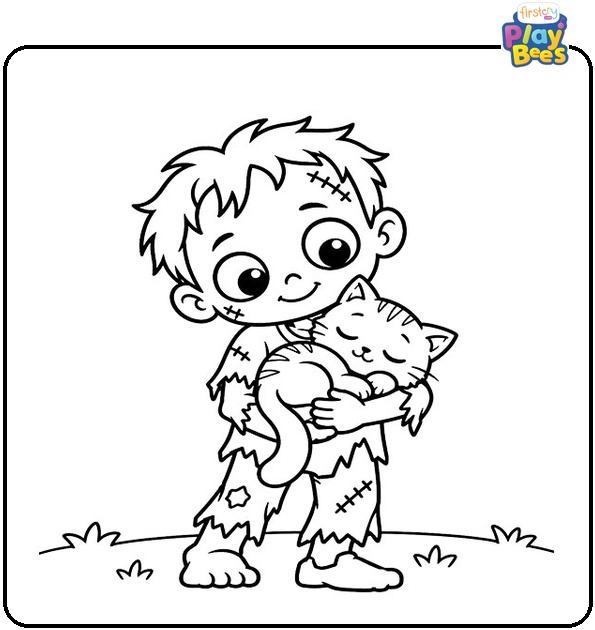 Zombie Carrying a Sleeping Cat Coloring Page Zombie Carrying a Sleeping Cat Coloring Page