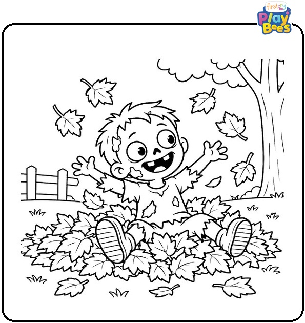 Zombie Having Fun in Autumn Leaves Coloring Page Zombie Having Fun in Autumn Leaves Coloring Page