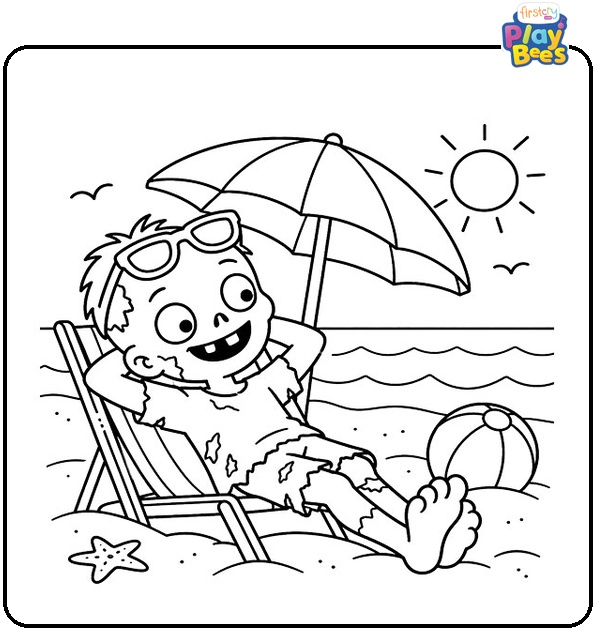 Zombie Relaxing at the Beach Coloring Page Zombie Relaxing at the Beach Coloring Page