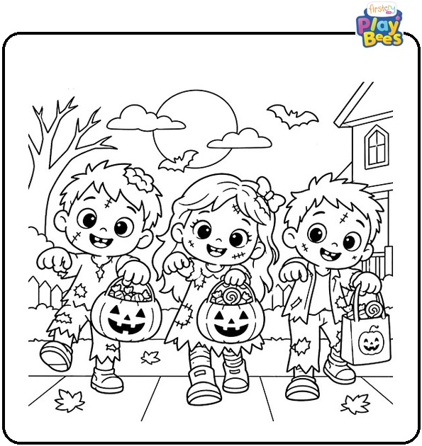 Zombie Trick-or-Treaters Coloring Page Zombie Trick-or-Treaters Coloring Page