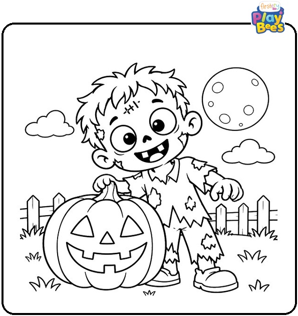 Zombie with Halloween Pumpkin Coloring Page Zombie with Halloween Pumpkin Coloring Page