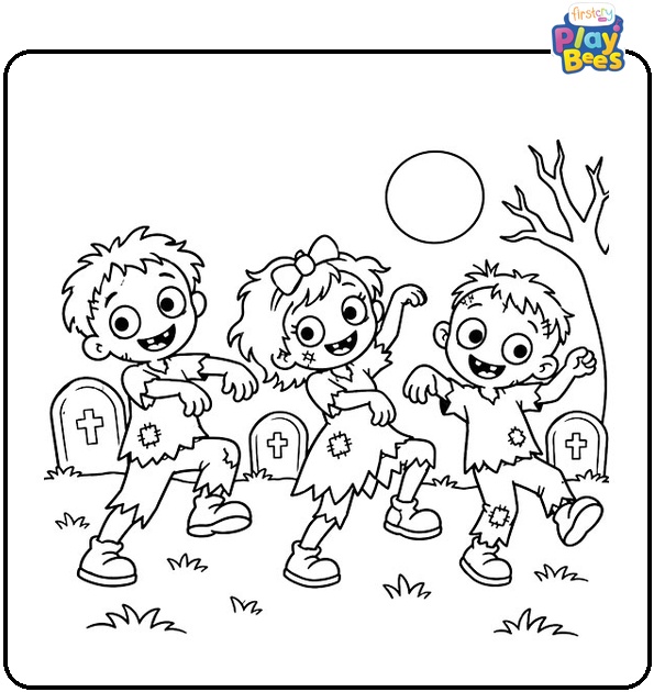 Zombies Dancing in Graveyard Coloring Page Zombies Dancing in Graveyard Coloring Page