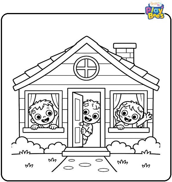 Zombies Peeking from House Coloring Page Zombies Peeking from House Coloring Page